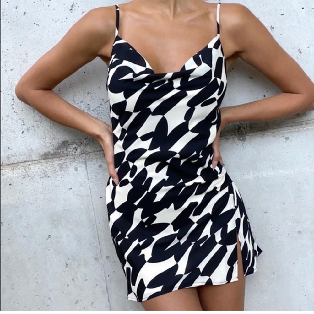 Dynamite NWT black and white patterned cowl neck mini dress